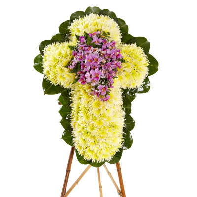 Cruz Floral con Pompones y Orquídeas - Diseño Fé