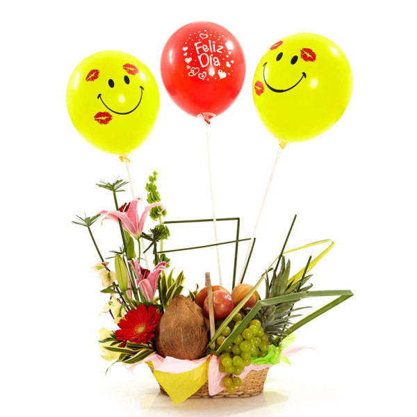 Canasta con Flores, Frutas y Globos - Edición Patty